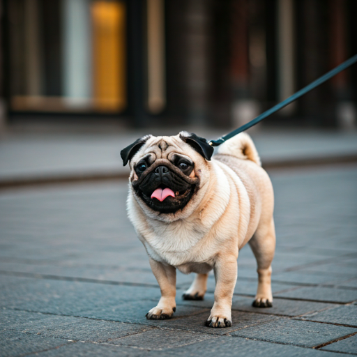 Pug on a city walk